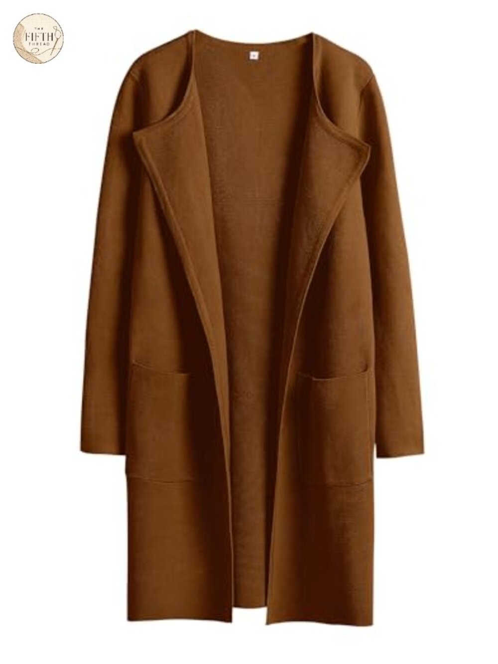 Mid-Length Open Front Cardigan Sweater with Large Lapel and Patch Pockets